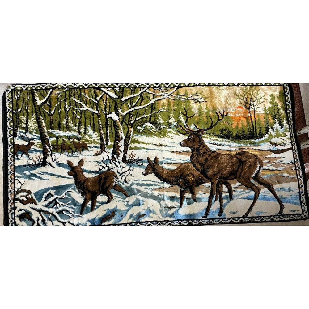 VINTAGE‎ Buck Deer TAPESTRY LARGE WALL HANGING RUG WILDLIFE SCENE 39" x20" Italy